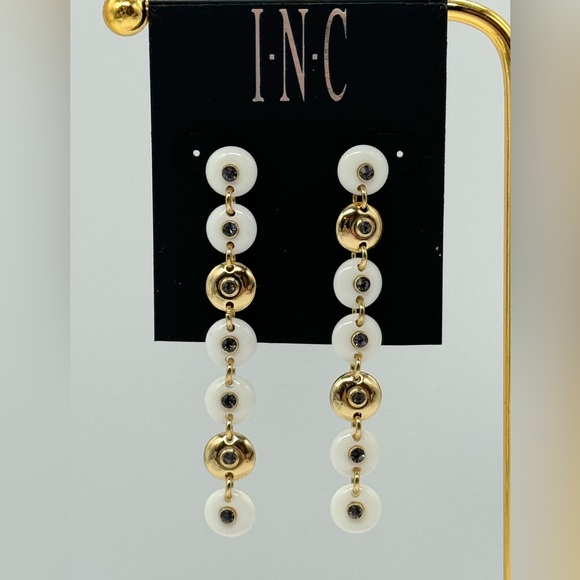 INC Drop Down Stone with Embedded Crystal Dangling Earrings in Gold Tone 3in - Picture 8 of 10